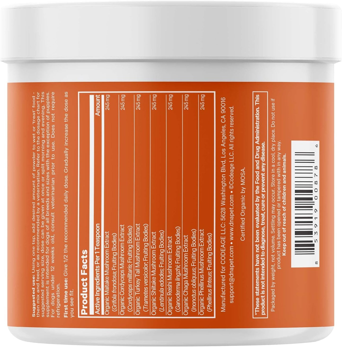 Organic Mushroom Complex for Dogs - Immunity Boosting Vegan Supplement with Cordyceps, Shiitake, and Reishi - Non-GMO and USDA Certified - 3.5 oz