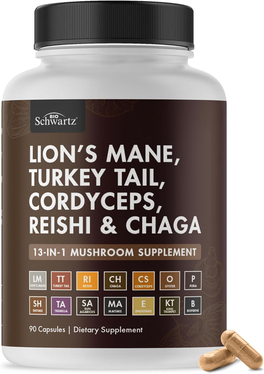Organic Mushroom Complex Supplement Capsules with Lions Mane, Reishi, Turkey Tail, Cordyceps, Shiitake, Chaga, Black Pepper - 90 Count for Energy, Focus, Memory - BioSchwartz