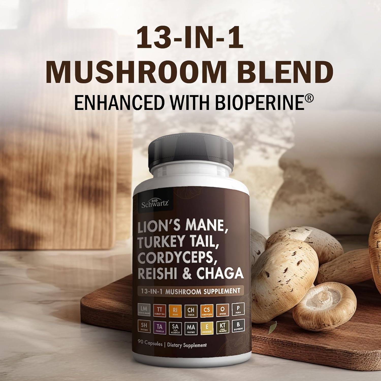 Organic Mushroom Complex Supplement Capsules with Lions Mane, Reishi, Turkey Tail, Cordyceps, Shiitake, Chaga, Black Pepper - 90 Count for Energy, Focus, Memory - BioSchwartz