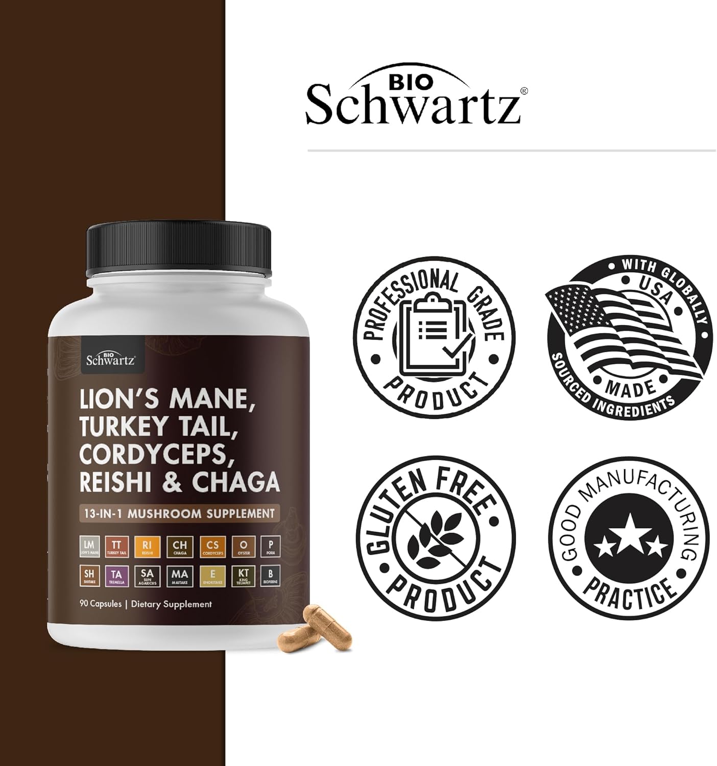 Organic Mushroom Complex Supplement Capsules with Lions Mane, Reishi, Turkey Tail, Cordyceps, Shiitake, Chaga, Black Pepper - 90 Count for Energy, Focus, Memory - BioSchwartz