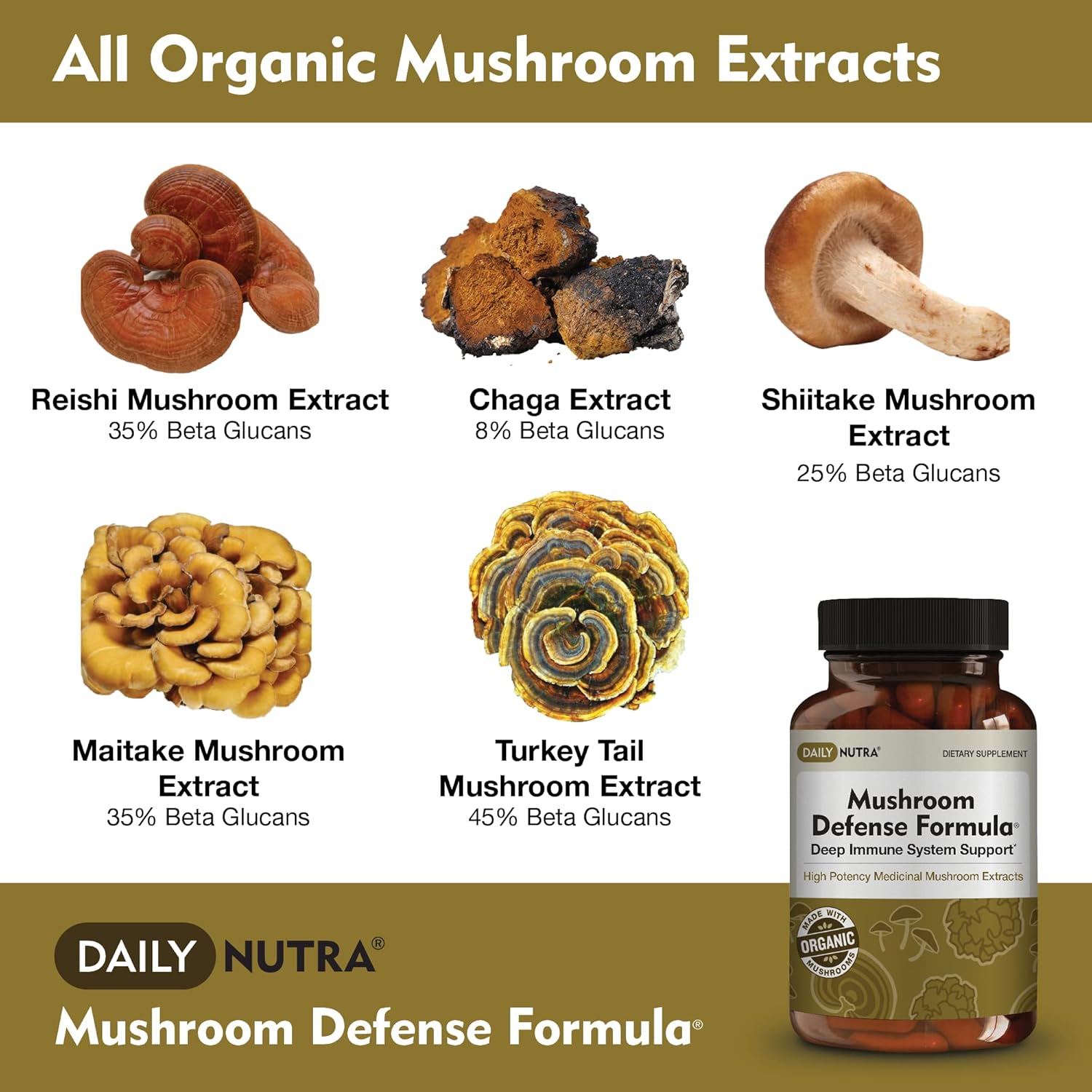 Organic Mushroom Defense Formula - Immune Support Supplement with Reishi, Chaga, Maitake, Shiitake & Turkey Tail - 90 Capsules (3-Pack)