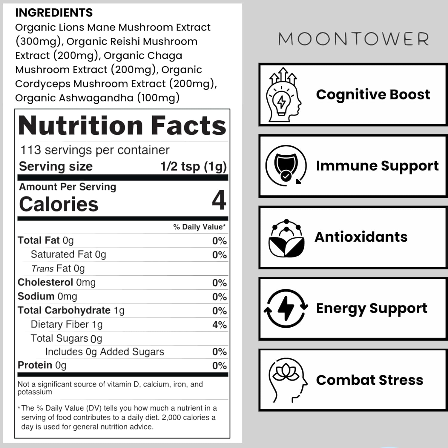 Organic Mushroom Extract Blend Powder - Immune Support Supplement with Lion's Mane, Reishi, Chaga, Cordyceps & Ashwagandha - 113 Servings