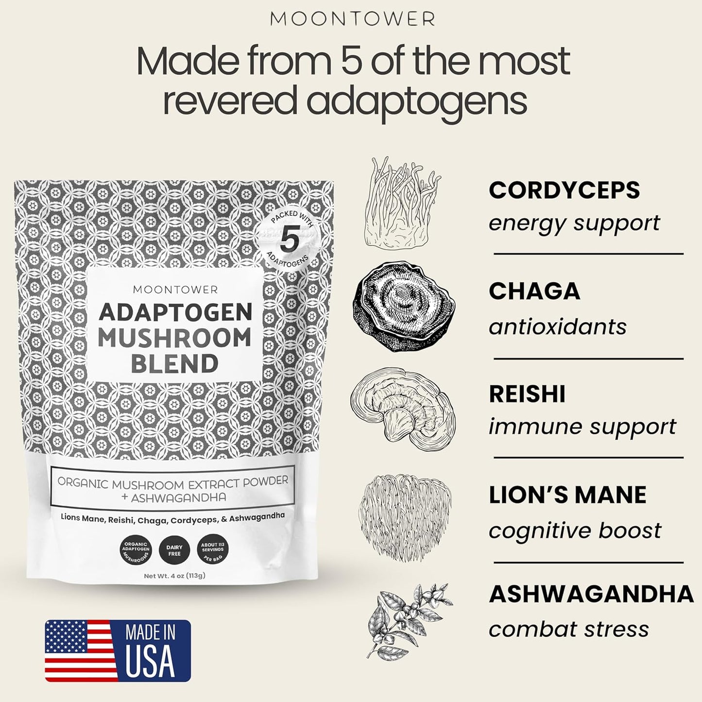 Organic Mushroom Extract Blend Powder - Immune Support Supplement with Lion's Mane, Reishi, Chaga, Cordyceps & Ashwagandha - 113 Servings