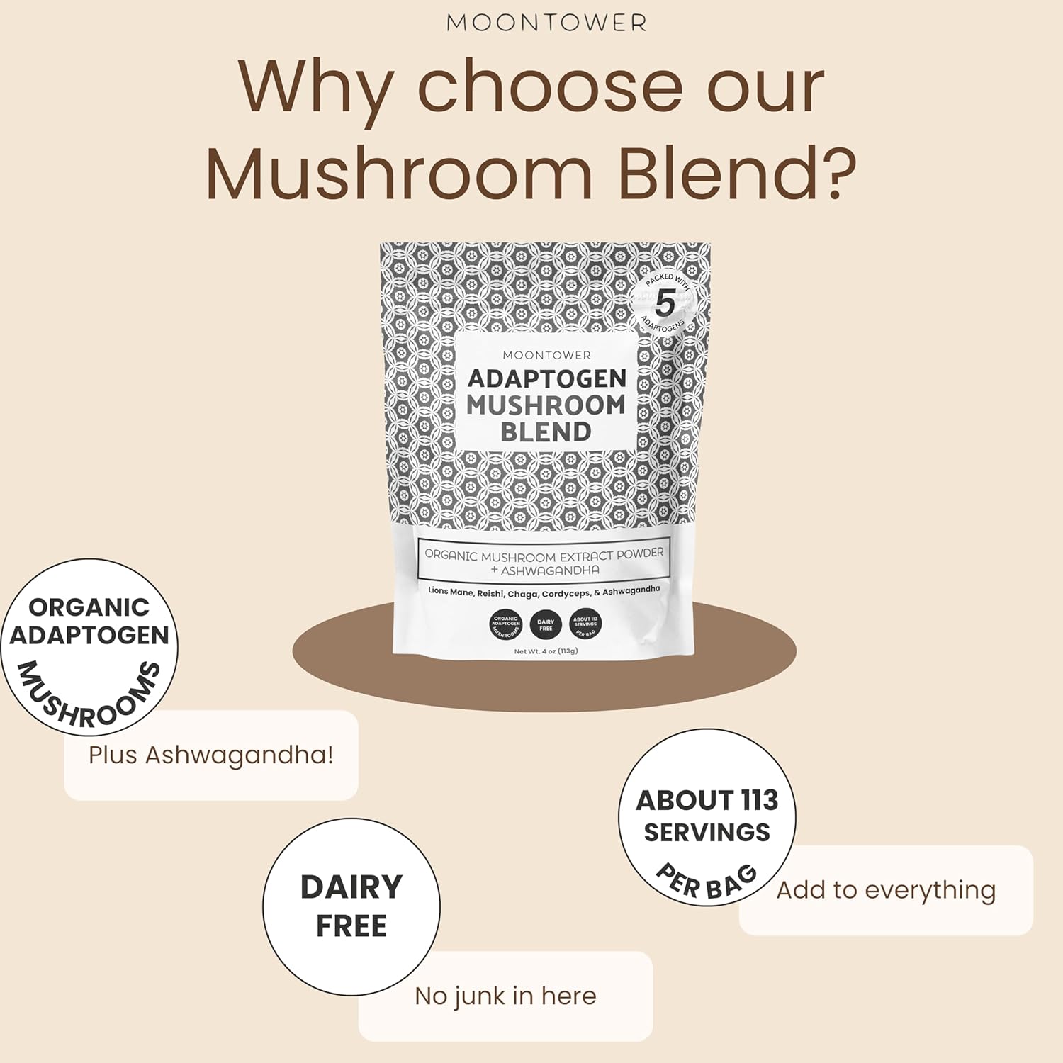 Organic Mushroom Extract Blend Powder - Immune Support Supplement with Lion's Mane, Reishi, Chaga, Cordyceps & Ashwagandha - 113 Servings