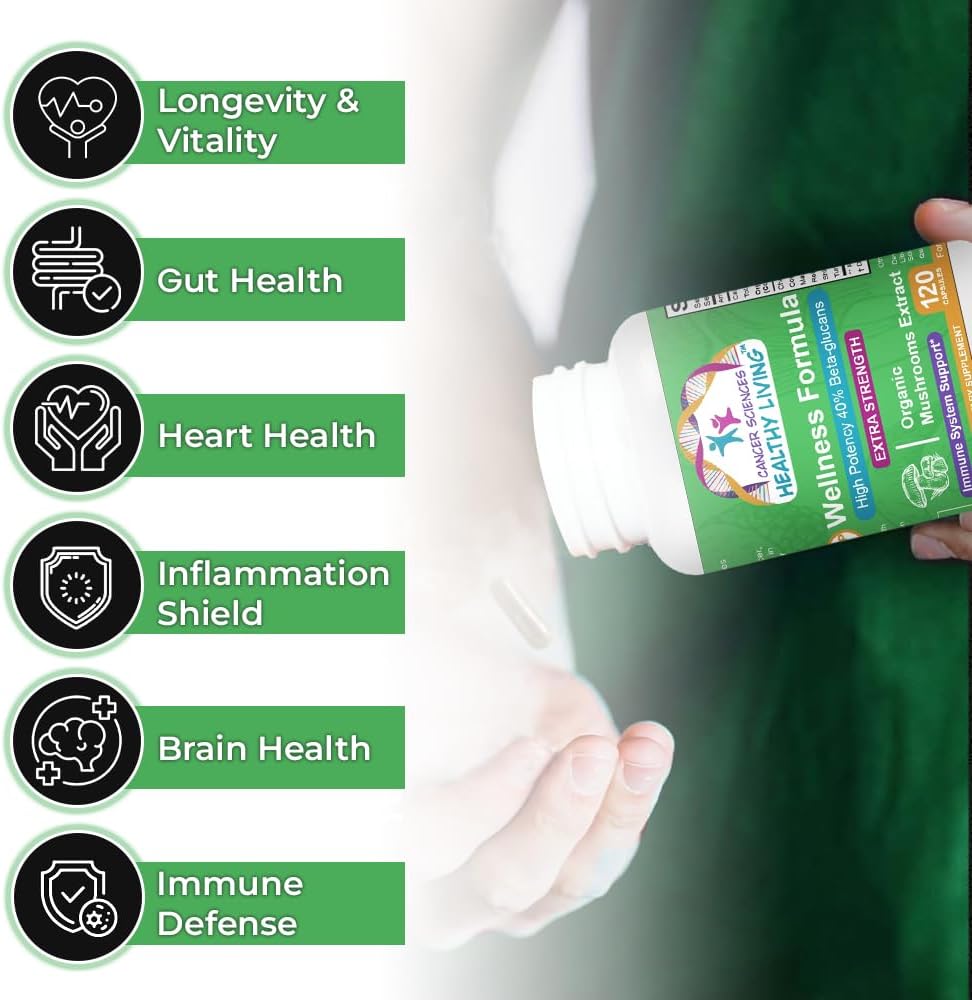 Organic Mushroom Extract Capsules for Immune Support - 1,500mg, 40% Beta-Glucans, 120 Caps - Cancer Sciences Wellness Formula
