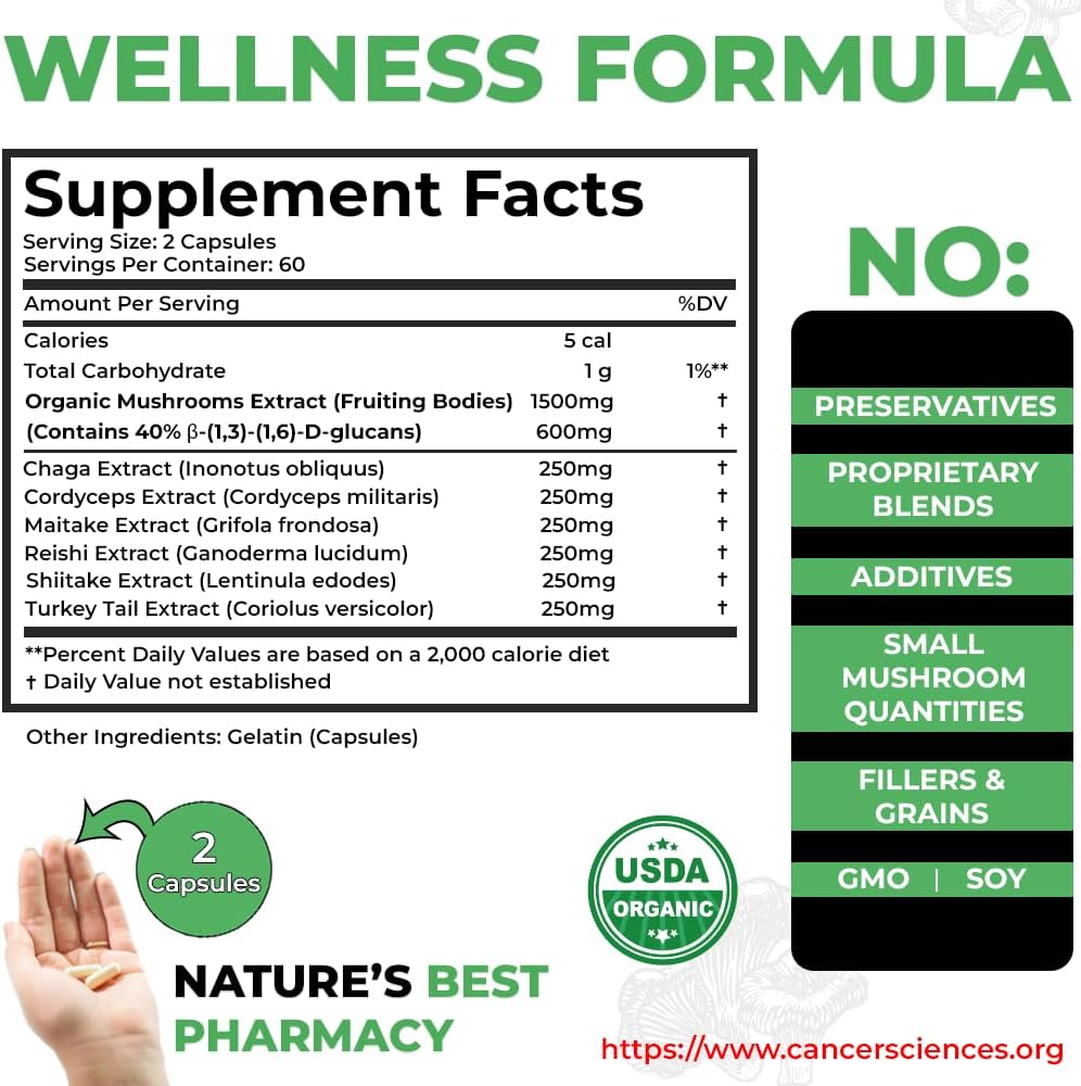 Organic Mushroom Extract Capsules for Immune Support - 1,500mg, 40% Beta-Glucans, 120 Caps - Cancer Sciences Wellness Formula