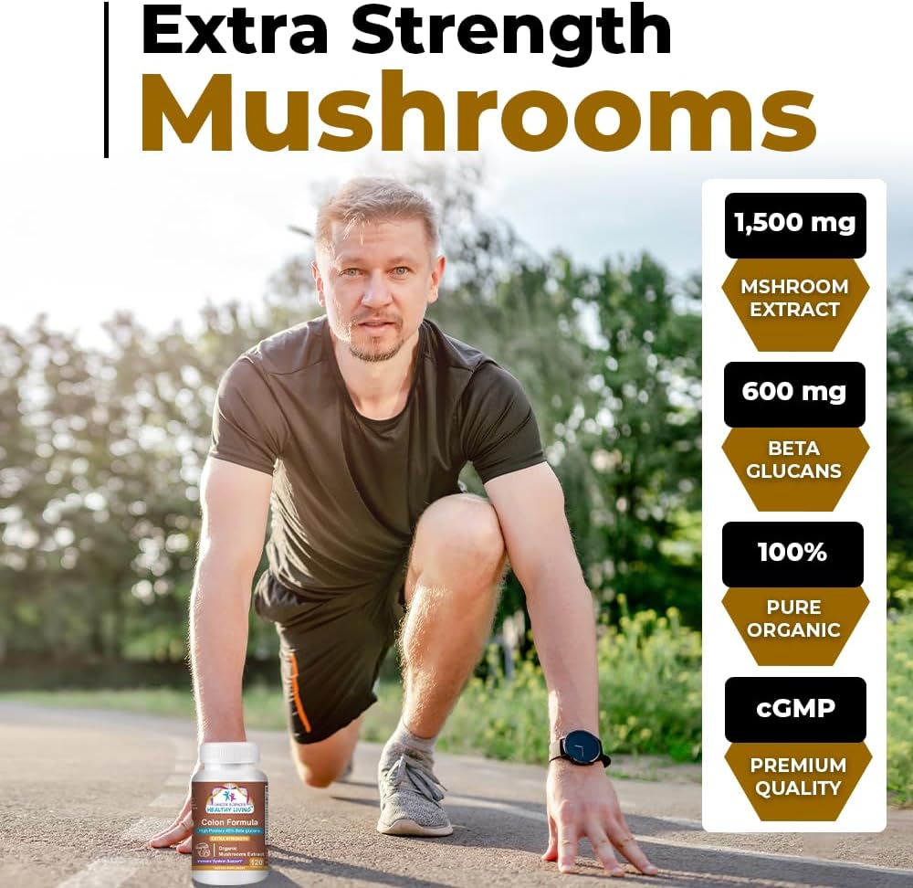 Organic Mushroom Extract Colon Health Supplement - 1,500mg, 40% Beta-Glucans, Immune & Digestive Support - 120 Capsules