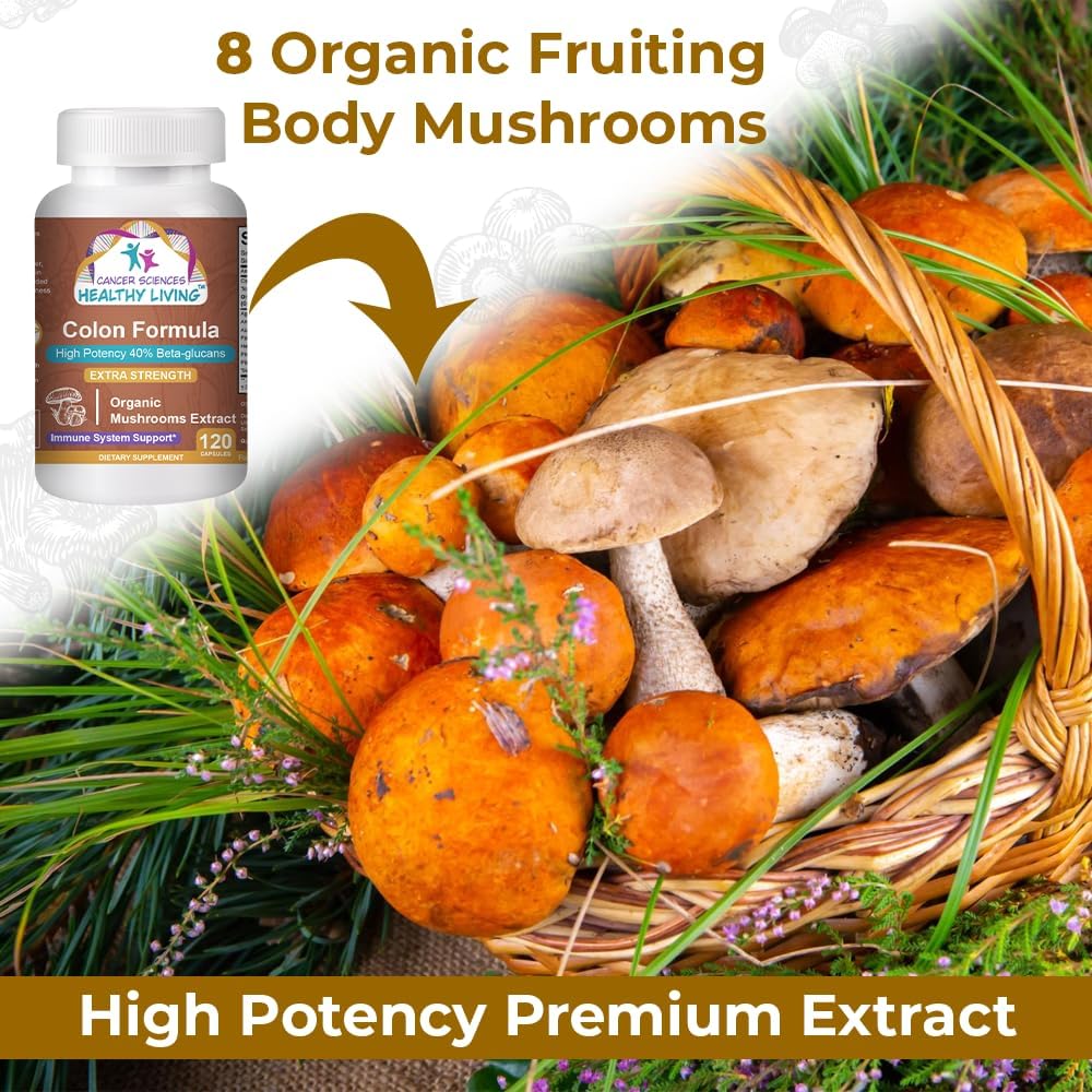 Organic Mushroom Extract Colon Health Supplement - 1,500mg, 40% Beta-Glucans, Immune & Digestive Support - 120 Capsules