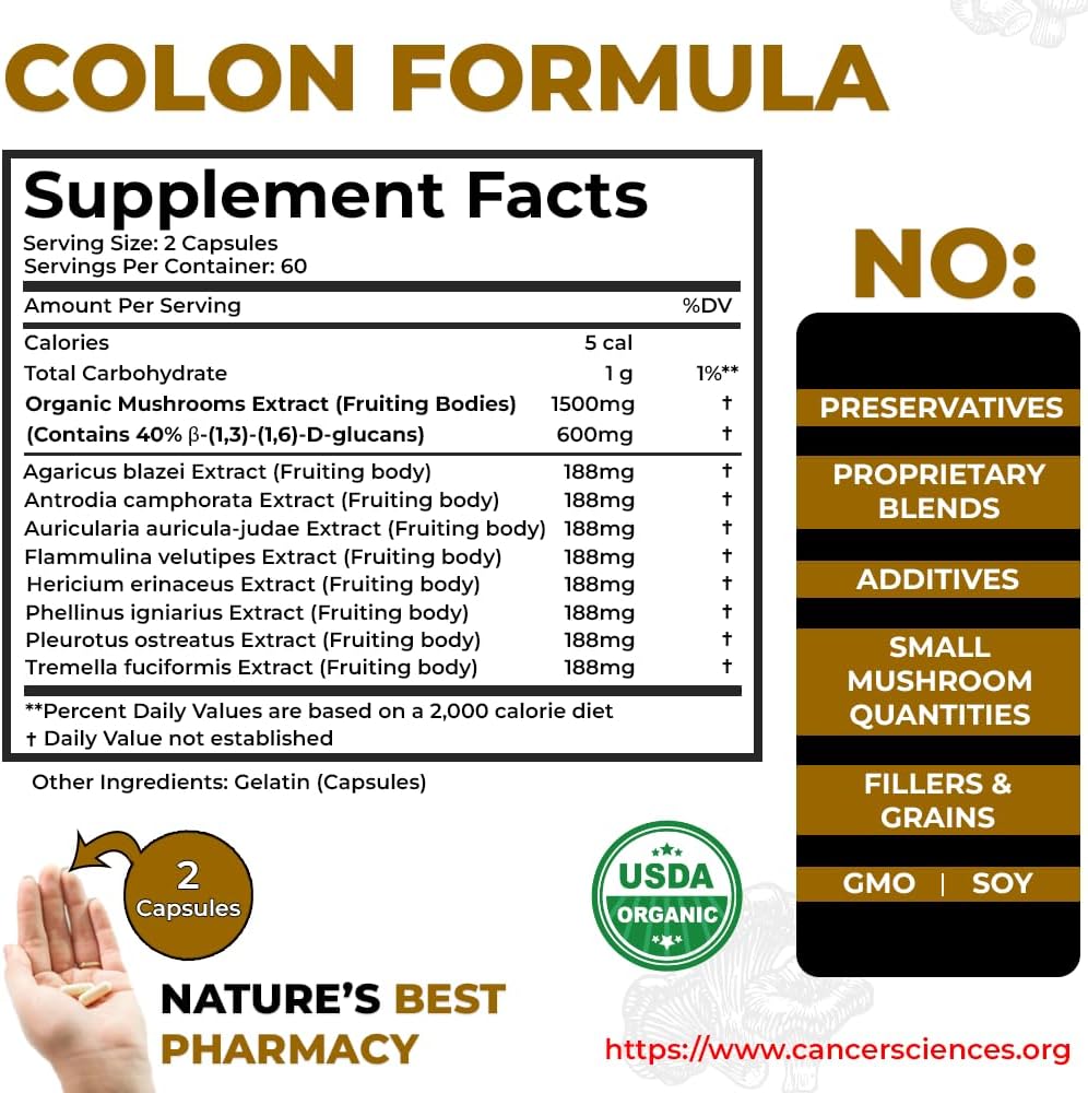Organic Mushroom Extract Colon Health Supplement - 1,500mg, 40% Beta-Glucans, Immune & Digestive Support - 120 Capsules