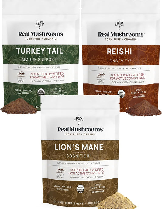 Organic Mushroom Extract Powder Trio (Lion's Mane, Reishi, Turkey Tail) - 150g | Non-GMO, Vegan Friendly