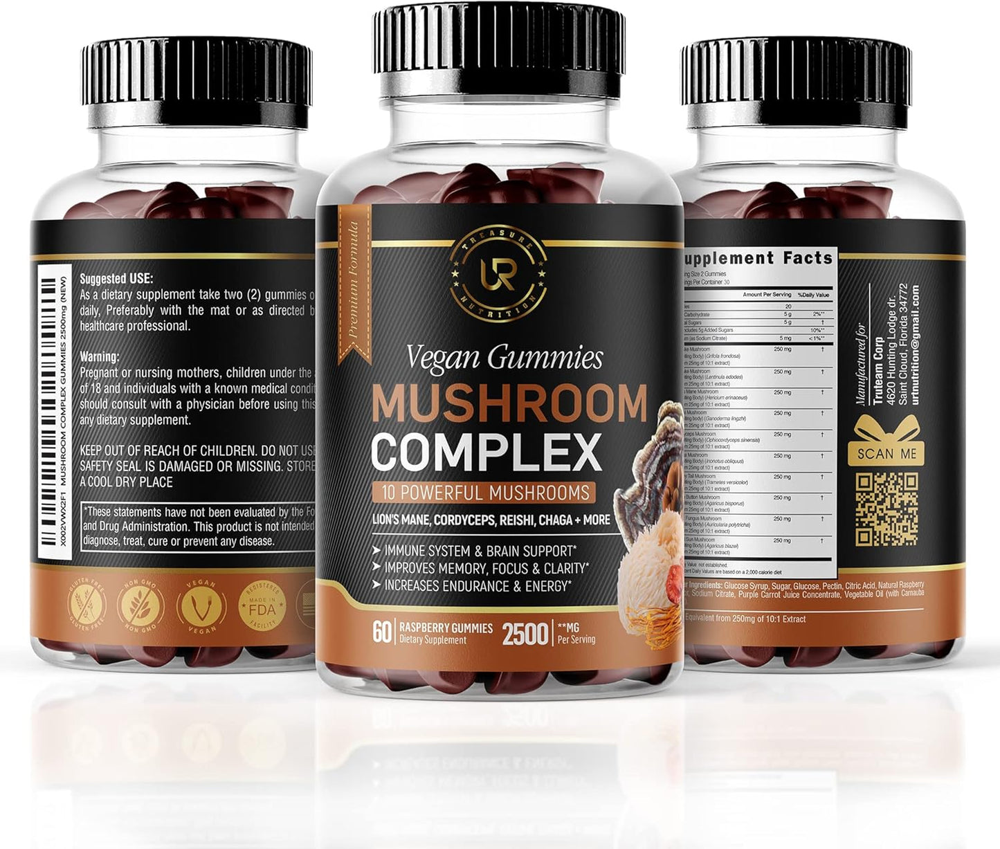 Organic Mushroom Gummies Supplement | 10 Mushroom Blend | 2500mg | Turkey Tail, Chaga, Reishi, Cordyceps & Lions Mane | Nootropic Brain Support (540 Gummies)