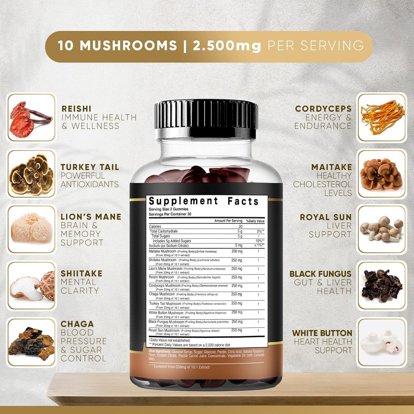 Organic Mushroom Gummies Supplement | 10 Mushroom Blend | 2500mg | Turkey Tail, Chaga, Reishi, Cordyceps & Lions Mane | Nootropic Brain Support (540 Gummies)