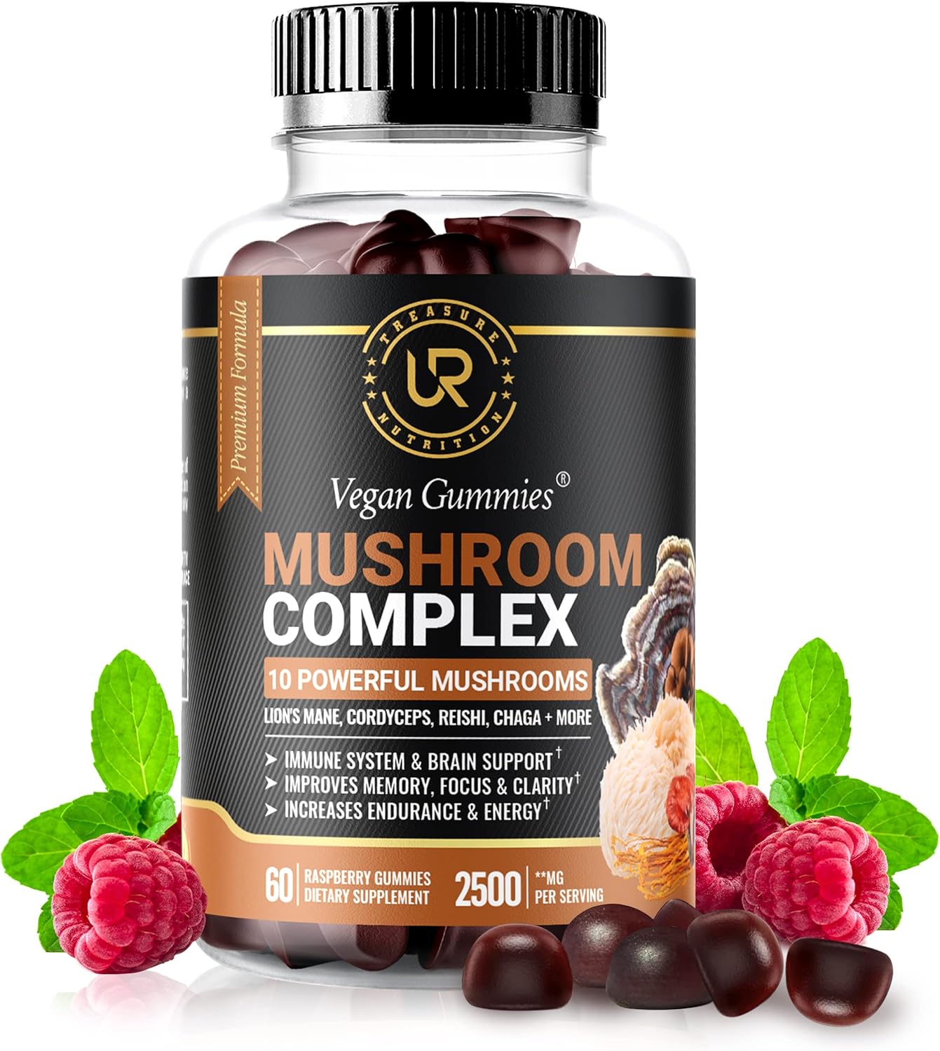 Organic Mushroom Gummies Supplement with 10 Mushrooms - 2500mg - Focus, Memory, Energy - 60ct