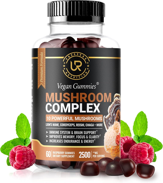 Organic Mushroom Gummies Supplement with 10 Mushrooms - 2500mg - Focus, Memory, Energy - 60ct