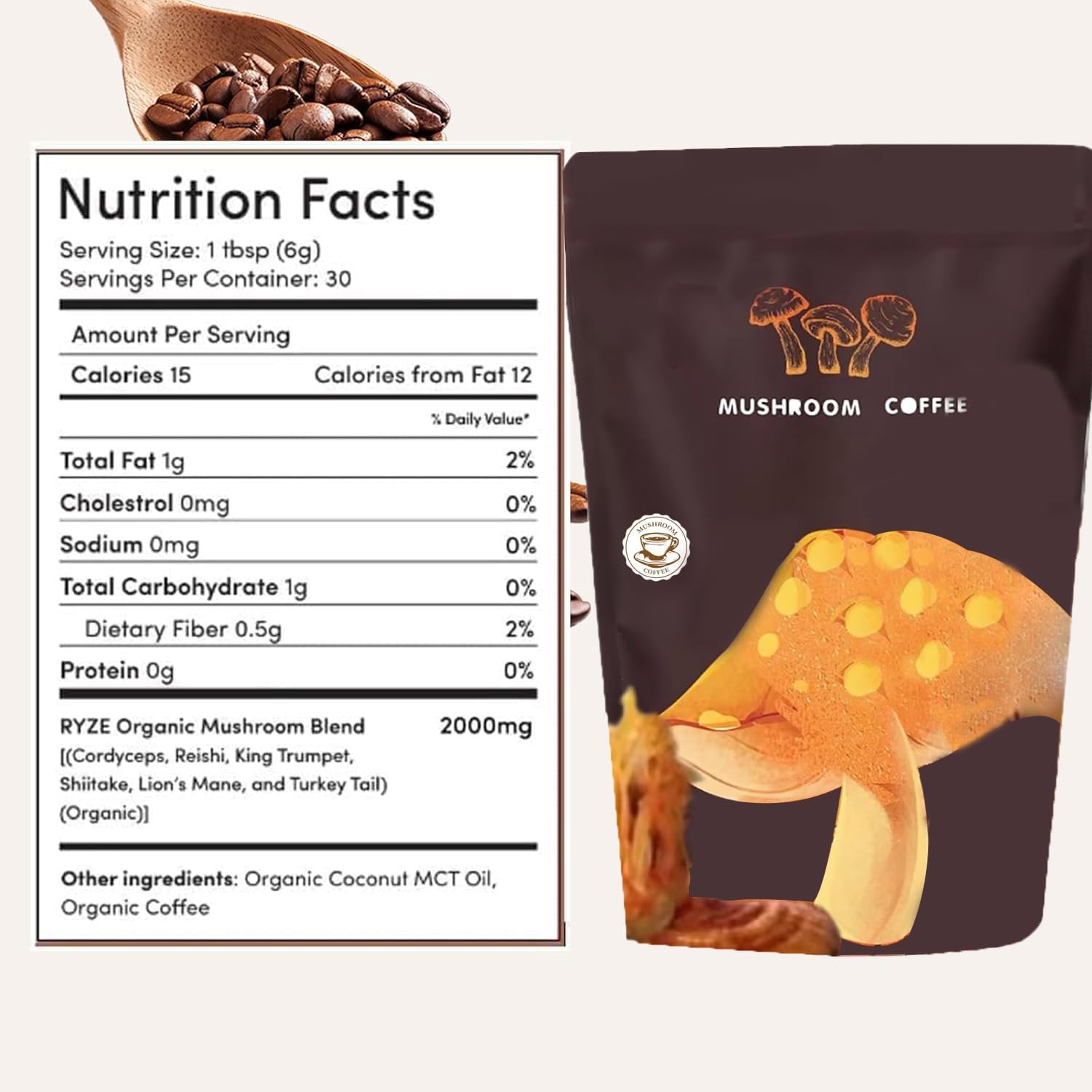 Organic Mushroom Herbal Supplement Powder with Lion's Mane and Cordyceps - 30 Servings