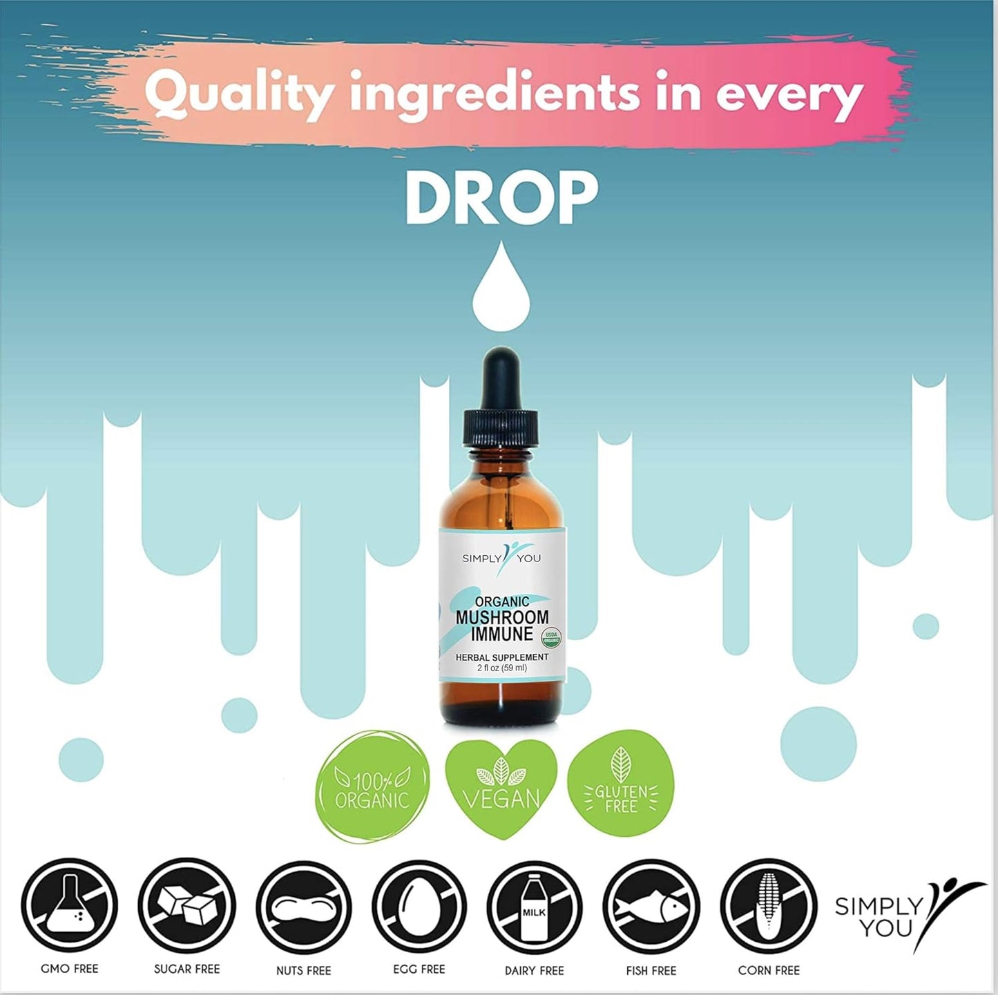 Organic Mushroom Immune Defense Drops | Immunity Support Supplement 2fl oz | Vegan Herbal Formula 525mg ● 2 Months Supply