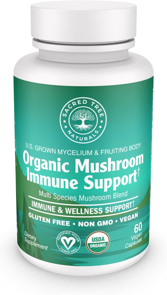 Organic Mushroom Immune Support Capsules with 9 Blend for Health & Wellness - Pure, Non-GMO, Vegan - Sacred Tree Naturals