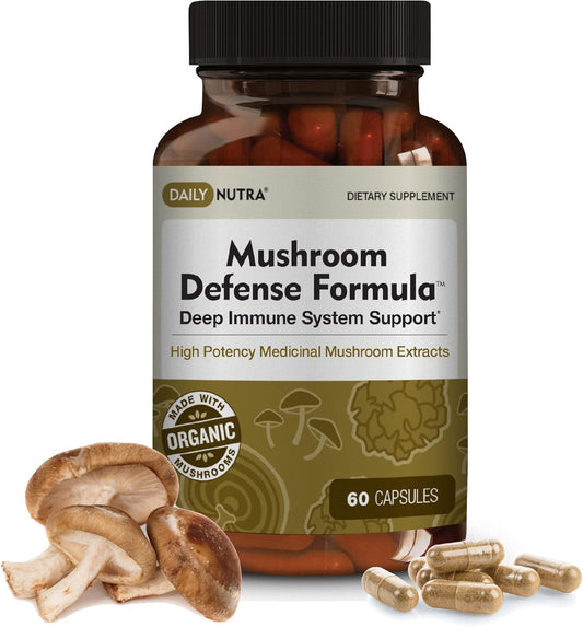 Organic Mushroom Immune Support Supplement - DailyNutra Mushroom Defense Formula with Reishi, Chaga, Maitake, Shiitake & Turkey Tail - 60 Capsules