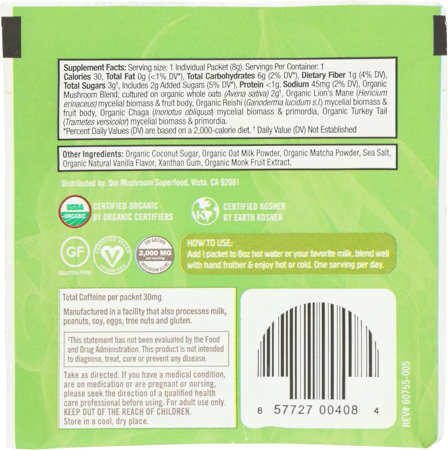 Organic Mushroom Matcha Latte Blend by Om Mushroom Superfood - 0.28 OZ