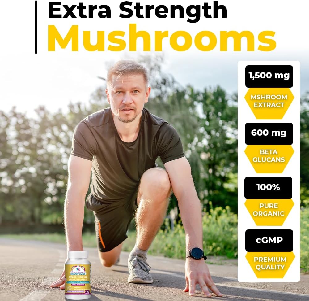 Organic Mushroom Memory Supplement for Brain Health - High Potency 1,500mg Capsules with Beta-Glucans for Immune Support
