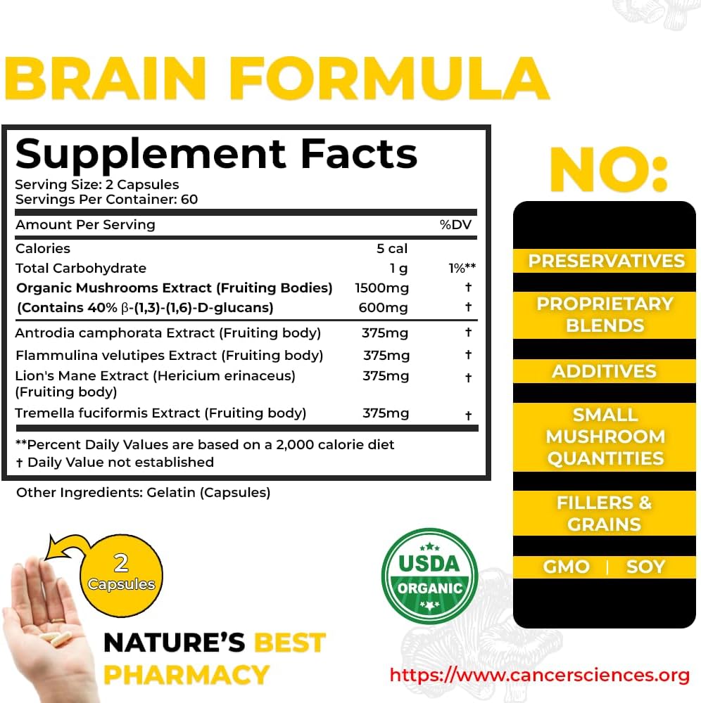 Organic Mushroom Memory Supplement for Brain Health - High Potency 1,500mg Capsules with Beta-Glucans for Immune Support