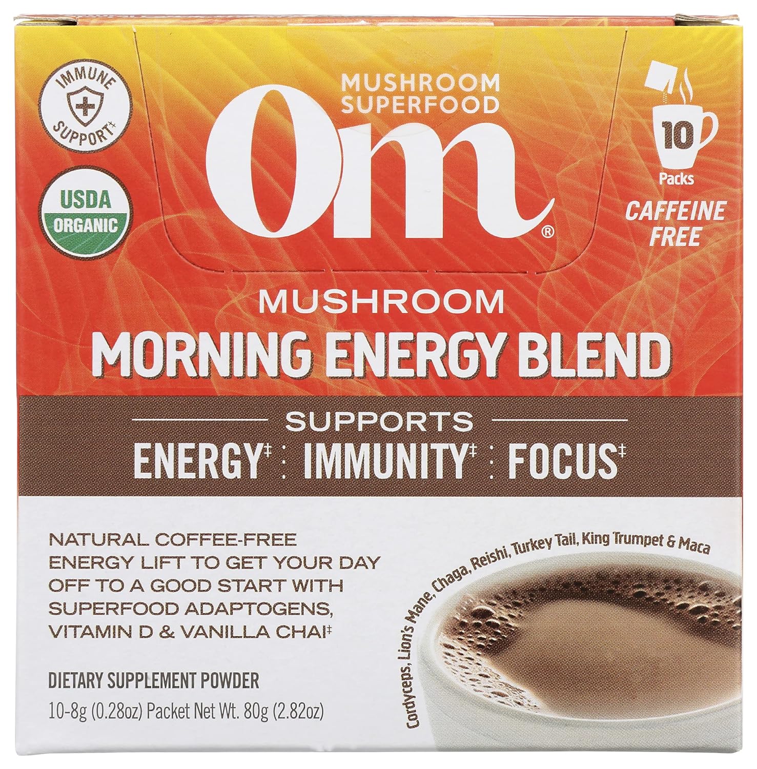 Organic Mushroom Morning Energy Blend Powder Drink with Cordyceps, Vitamin D2, and Lion's Mane - Coffee Free, 10 Count