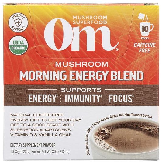 Organic Mushroom Morning Energy Blend Powder Drink with Cordyceps, Vitamin D2, and Lion's Mane - Coffee Free, 10 Count