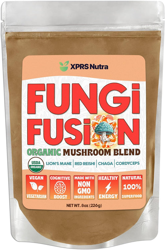 Organic Mushroom Powder Blend with Lion's Mane, Reishi, Chaga, and Cordyceps - 8 Ounce for Mental Clarity and Immunity