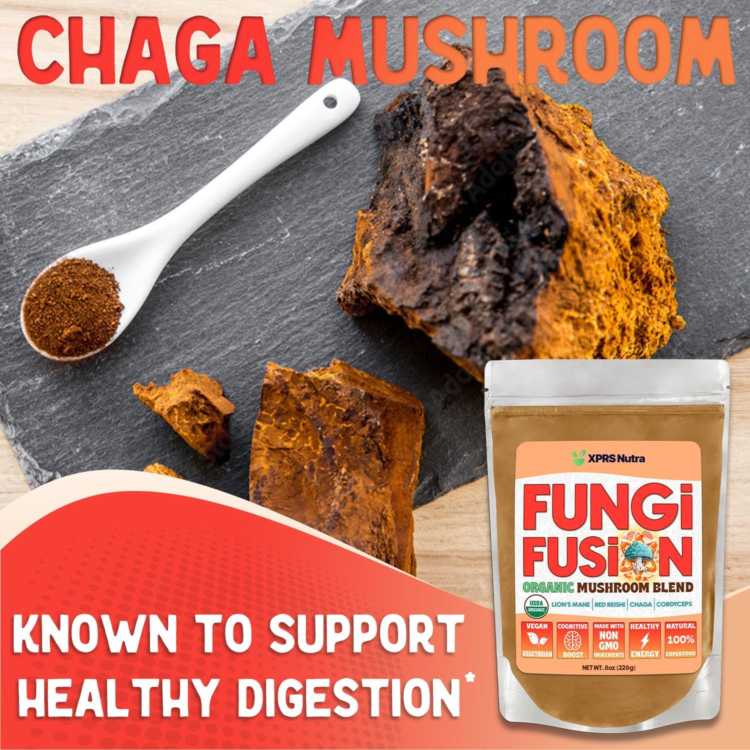 Organic Mushroom Powder Blend with Lion's Mane, Reishi, Chaga, and Cordyceps - 8 Ounce for Mental Clarity and Immunity