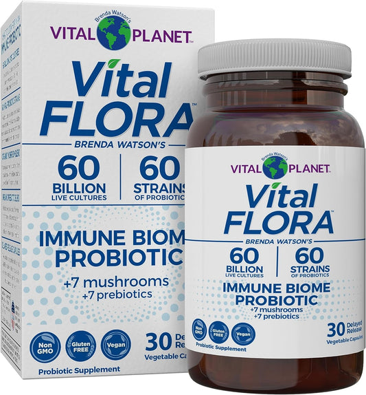 Organic Mushroom Probiotic with Prebiotics for Immune Support, 60 Billion CFU, Diverse Strains - 30 Capsules
