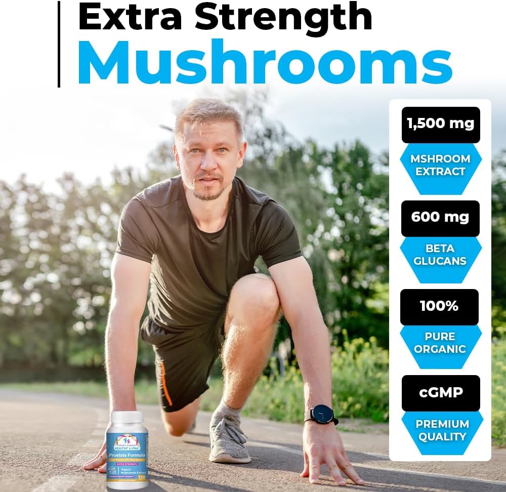 Organic Mushroom Prostate Health Supplements for Men - 1,500mg High Potency Beta-Glucans - Immune & Prostate Support - 120 Capsules