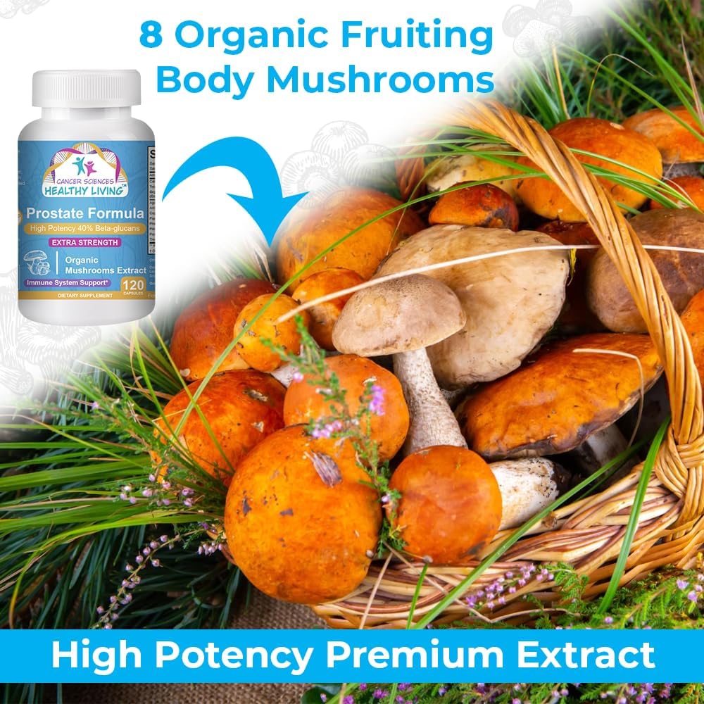 Organic Mushroom Prostate Health Supplements for Men - 1,500mg High Potency Beta-Glucans - Immune & Prostate Support - 120 Capsules