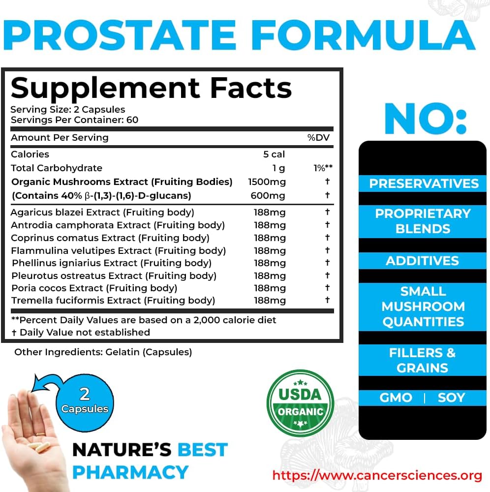Organic Mushroom Prostate Health Supplements for Men - 1,500mg High Potency Beta-Glucans - Immune & Prostate Support - 120 Capsules