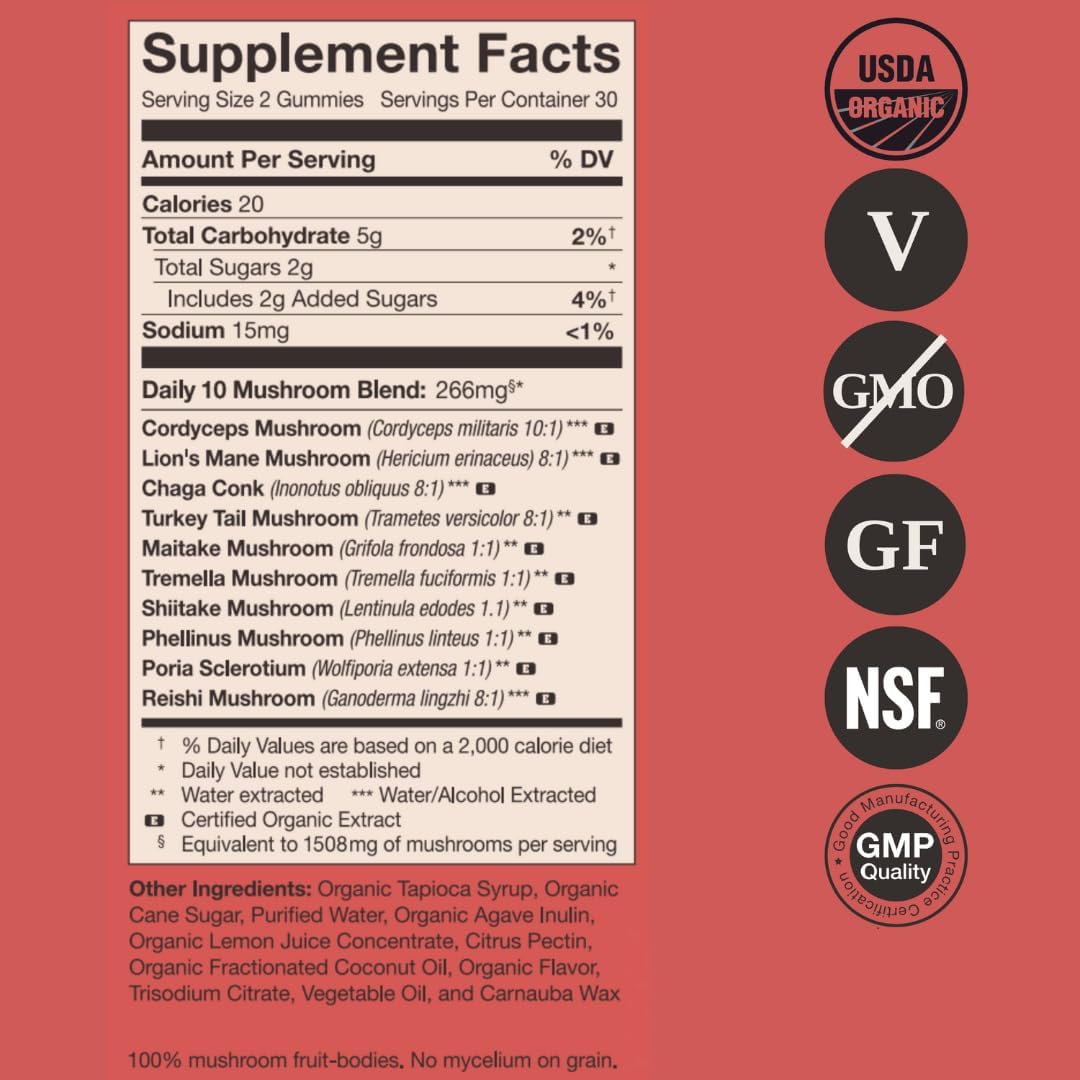 Organic Mushroom Revival Daily Gummies - 2.12 oz, Non-GMO, Vegan, Gluten-Free, Keto, Dairy-Free