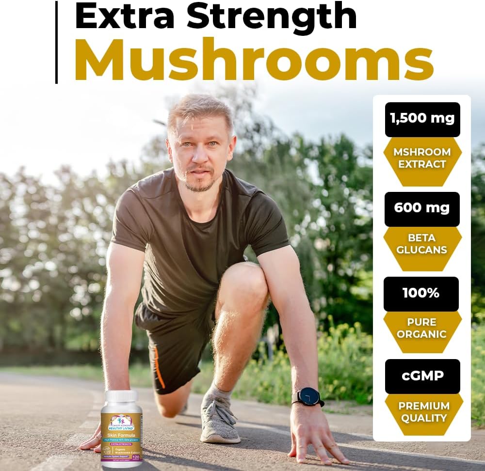 Organic Mushroom Skin Supplement with 1,500mg Strength, High Potency Beta-Glucans for Immune and Inflammation Support - 120 Capsules