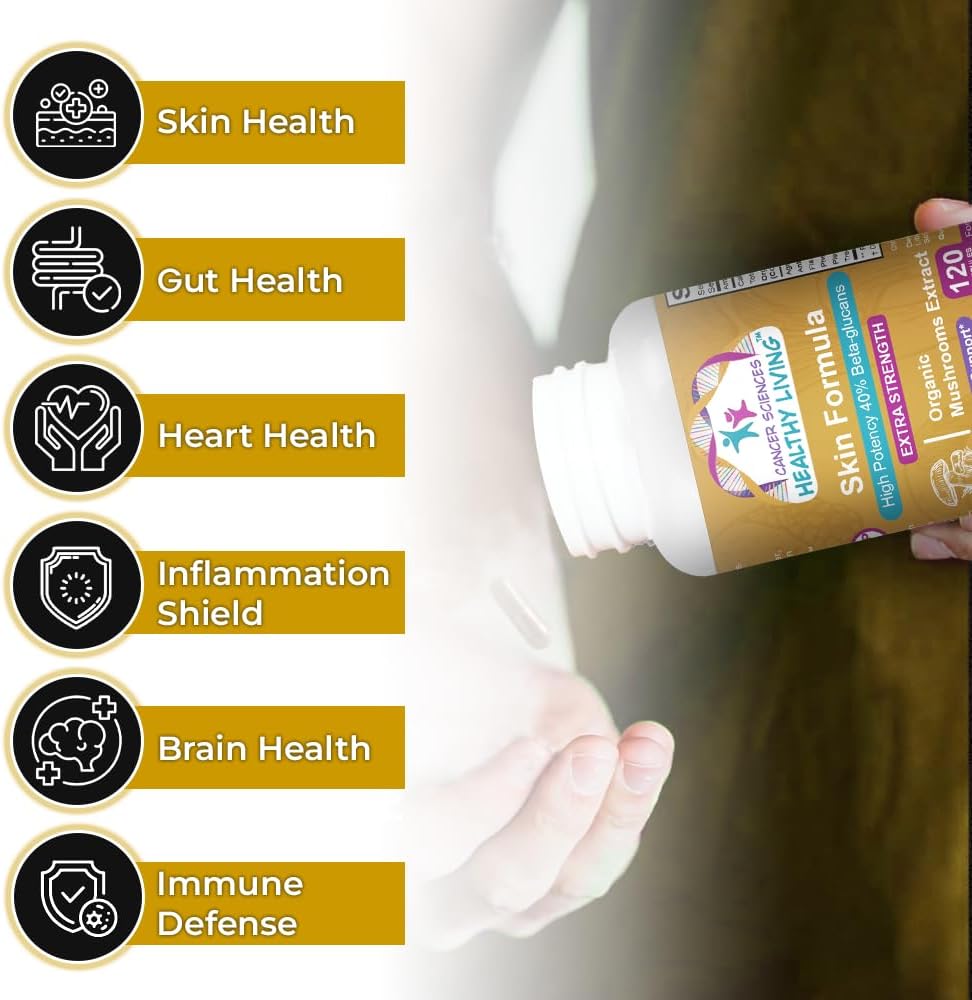 Organic Mushroom Skin Supplement with 1,500mg Strength, High Potency Beta-Glucans for Immune and Inflammation Support - 120 Capsules