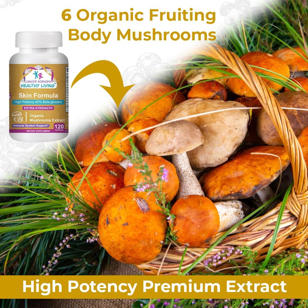 Organic Mushroom Skin Supplement with 1,500mg Strength, High Potency Beta-Glucans for Immune and Inflammation Support - 120 Capsules
