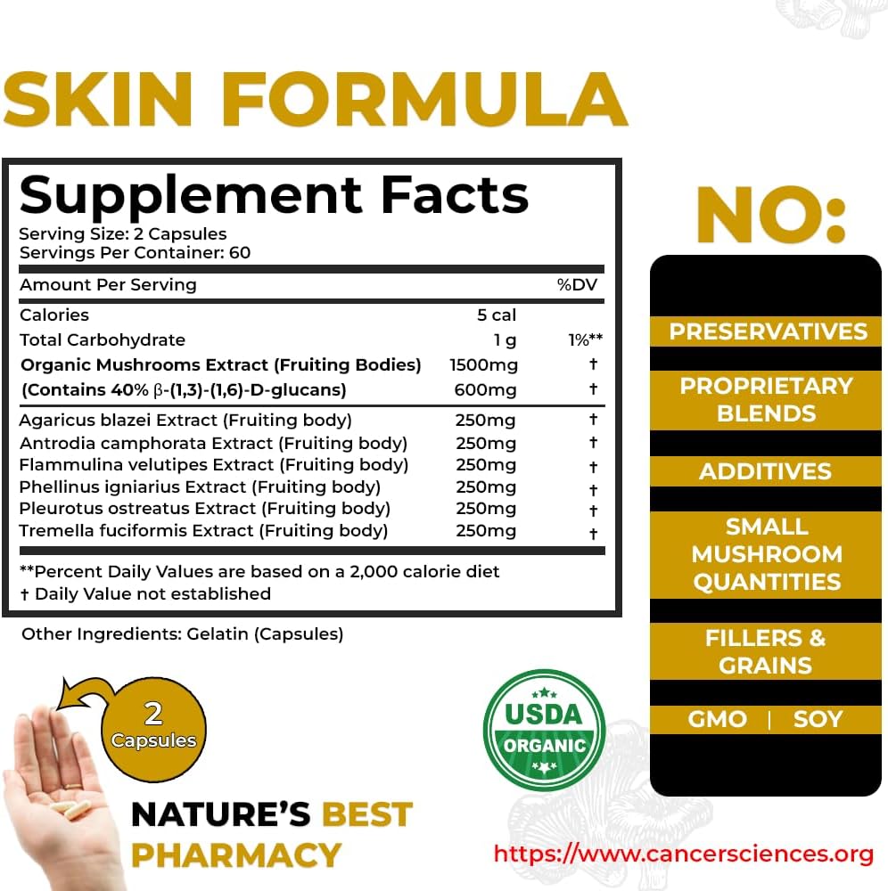 Organic Mushroom Skin Supplement with 1,500mg Strength, High Potency Beta-Glucans for Immune and Inflammation Support - 120 Capsules