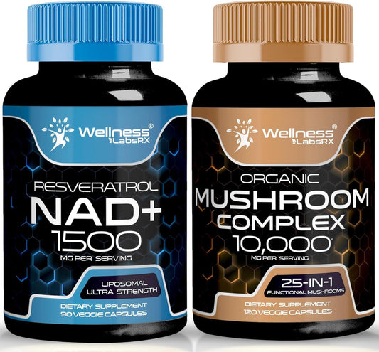 Organic Mushroom Supplement Capsules with Liposomal NAD+ and Resveratrol - 25 in 1 Mushroom Complex - Wellness LabsRX NAD Supplement