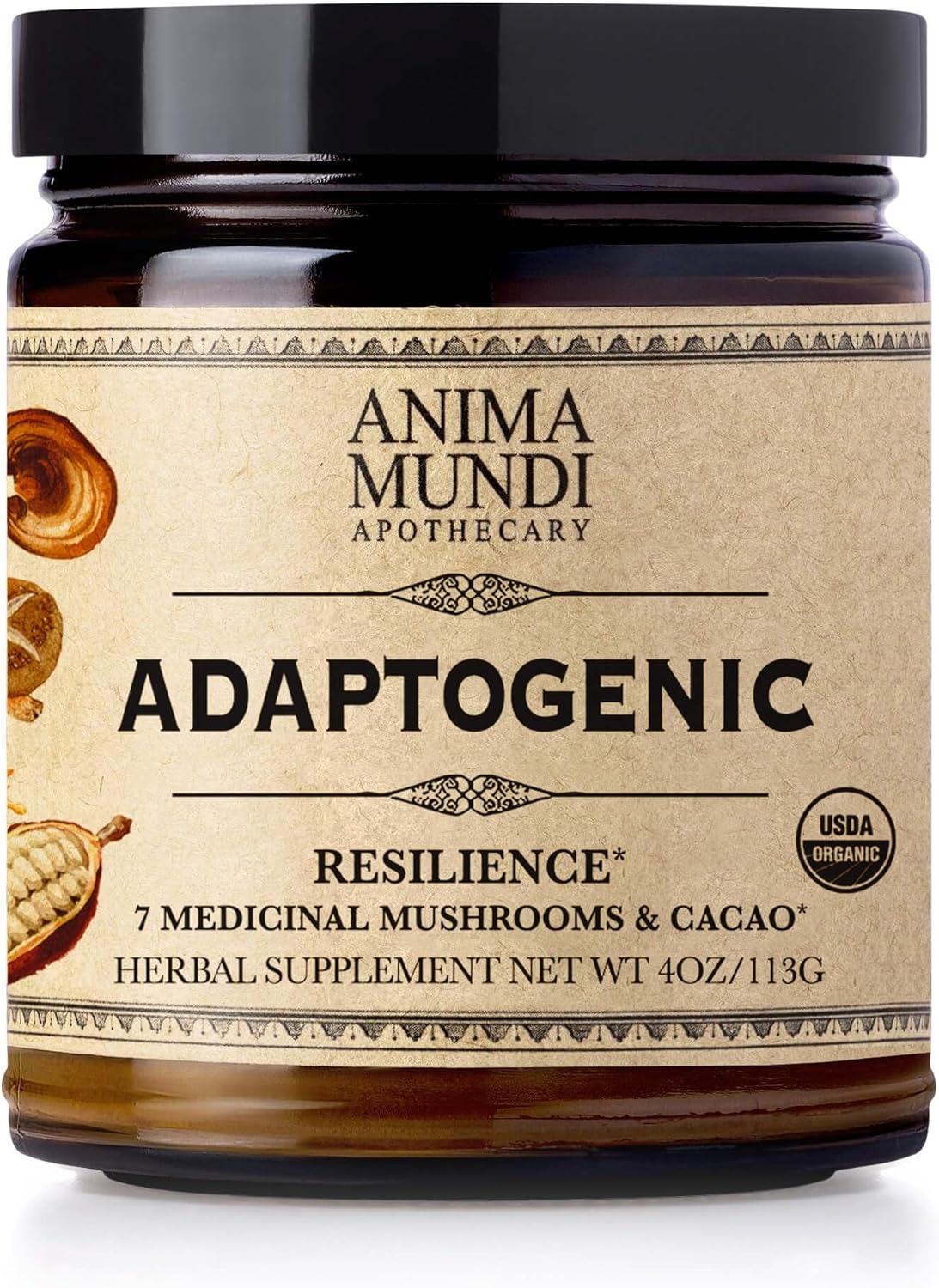 Organic Mushroom Supplement with Adaptogenic Mushrooms + Cacao - Uplifting Mushroom Powder with Lions Mane, Shiitake, Chaga - 4oz