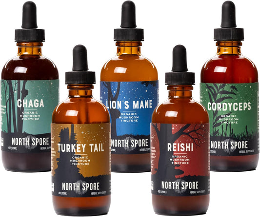Organic Mushroom Tincture Variety Pack (5-Pack) 4 oz Each - Lion's Mane, Chaga, Cordyceps, Turkey Tail, Reishi | Vegan, Non-GMO, North Spore