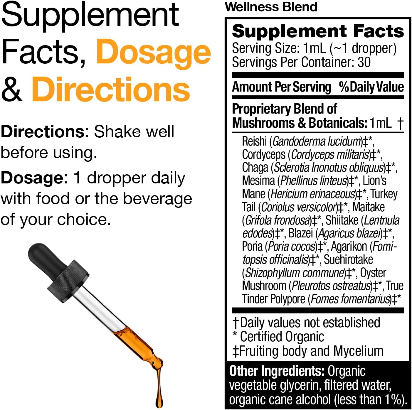 Organic Mushroom Wellness Blend Extract for Natural Health Boost - Reishi, Cordyceps, Lion's Mane, Turkey Tail, Chaga, Agarikon - 30 Servings - Made in USA