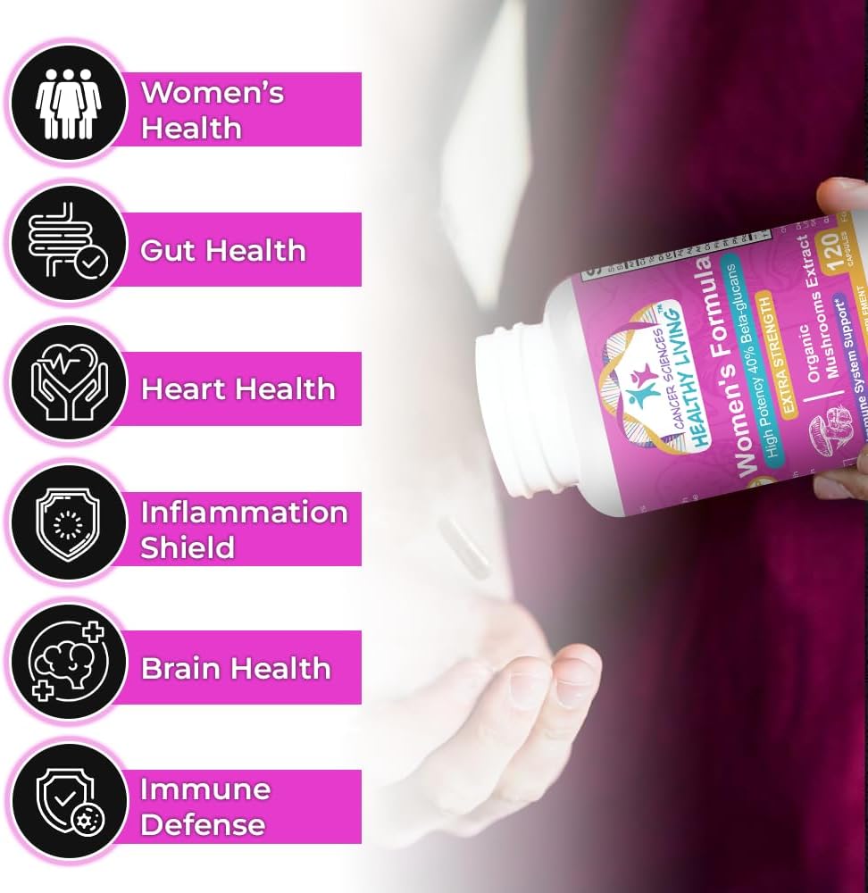 Organic Mushroom Women's Health Supplement: High Potency 1,500mg Extract with 40% Beta-Glucans for Immune & Hormonal Support, Digestive Health - 120 Capsules