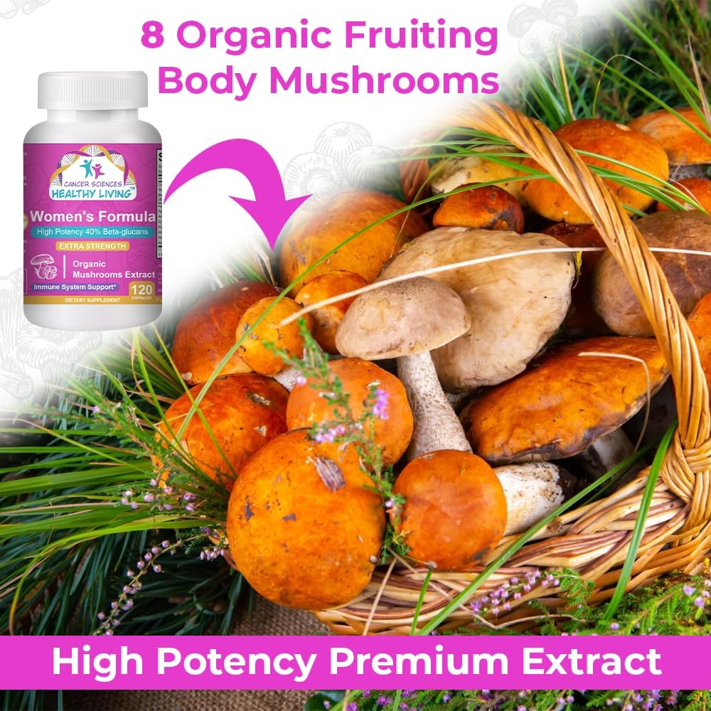 Organic Mushroom Women's Health Supplement: High Potency 1,500mg Extract with 40% Beta-Glucans for Immune & Hormonal Support, Digestive Health - 120 Capsules