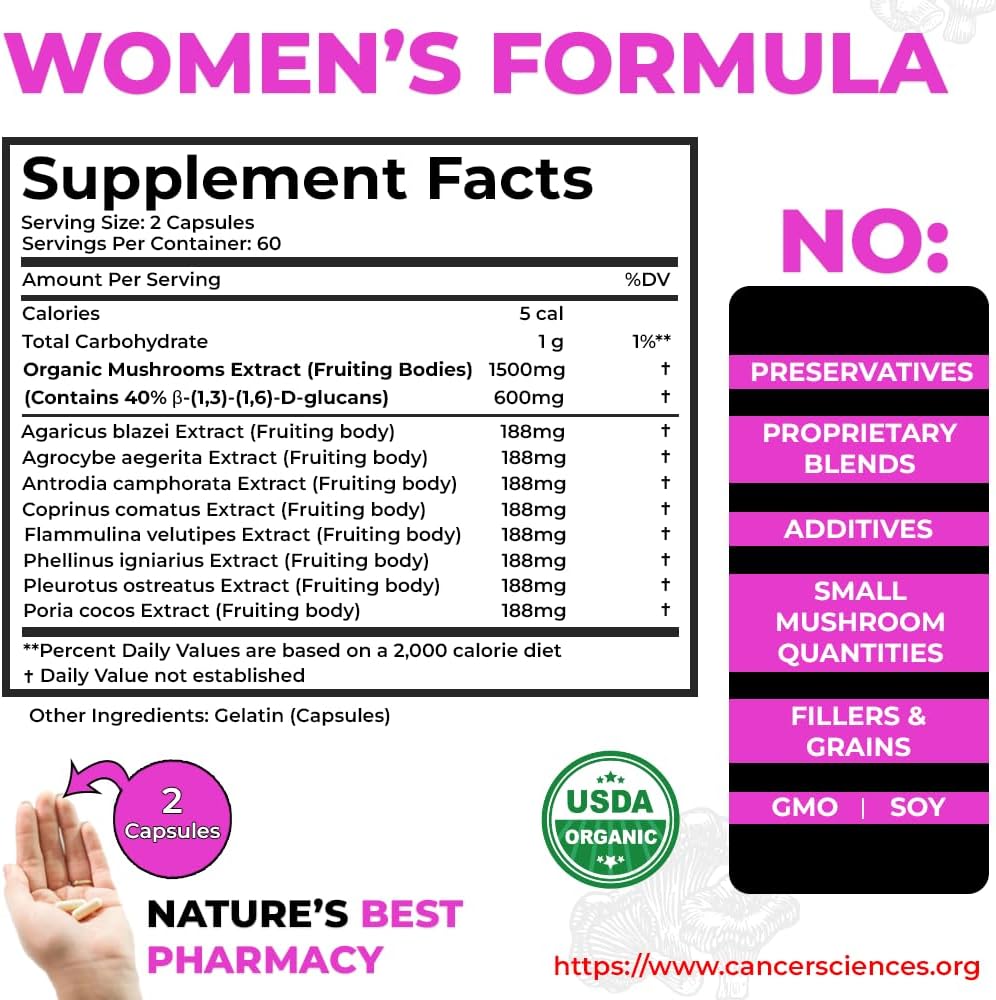 Organic Mushroom Women's Health Supplement: High Potency 1,500mg Extract with 40% Beta-Glucans for Immune & Hormonal Support, Digestive Health - 120 Capsules