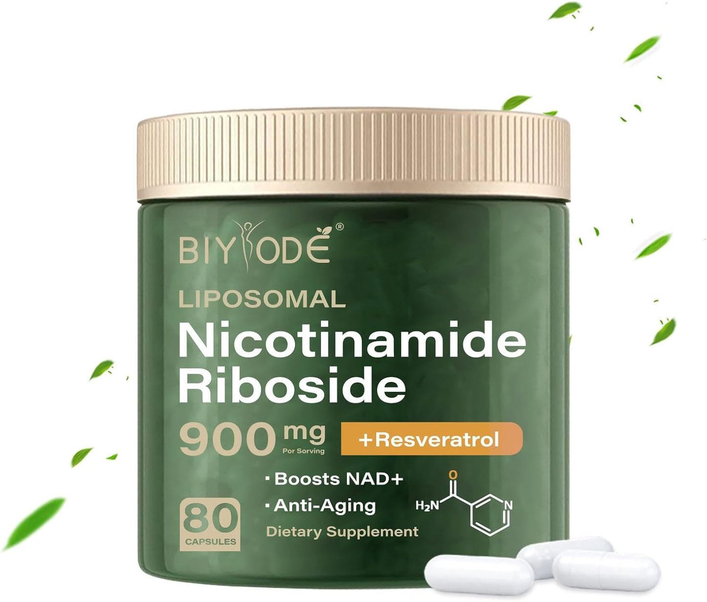 Organic NAD+ Nicotinamide Liposomal Supplement with Riboside, Resveratrol, Quercetin - 900MG Energy Boost (80 Capsules)