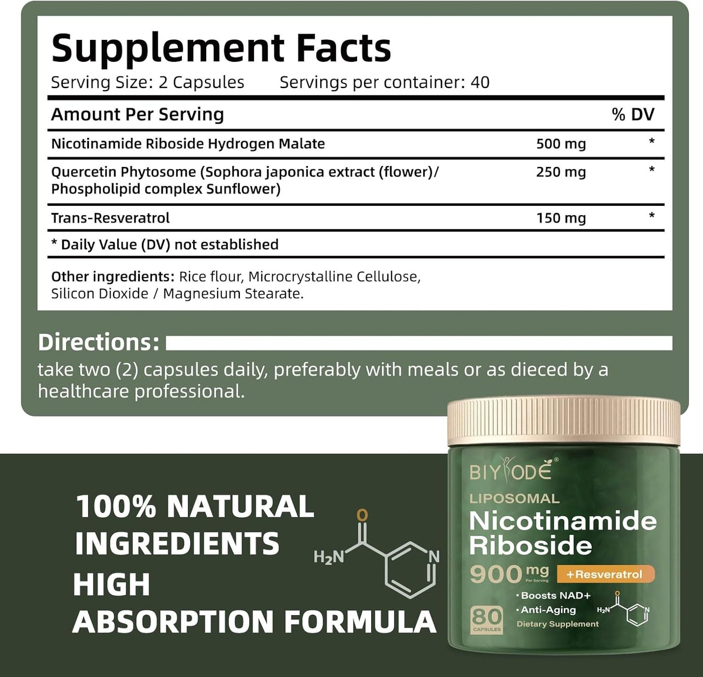 Organic NAD+ Nicotinamide Liposomal Supplement with Riboside, Resveratrol, Quercetin - 900MG Energy Boost (80 Capsules)