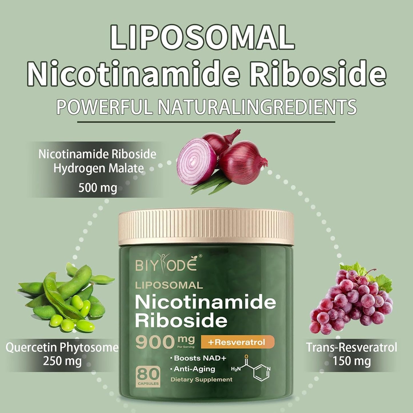 Organic NAD+ Nicotinamide Liposomal Supplement with Riboside, Resveratrol, Quercetin - 900MG Energy Boost (80 Capsules)
