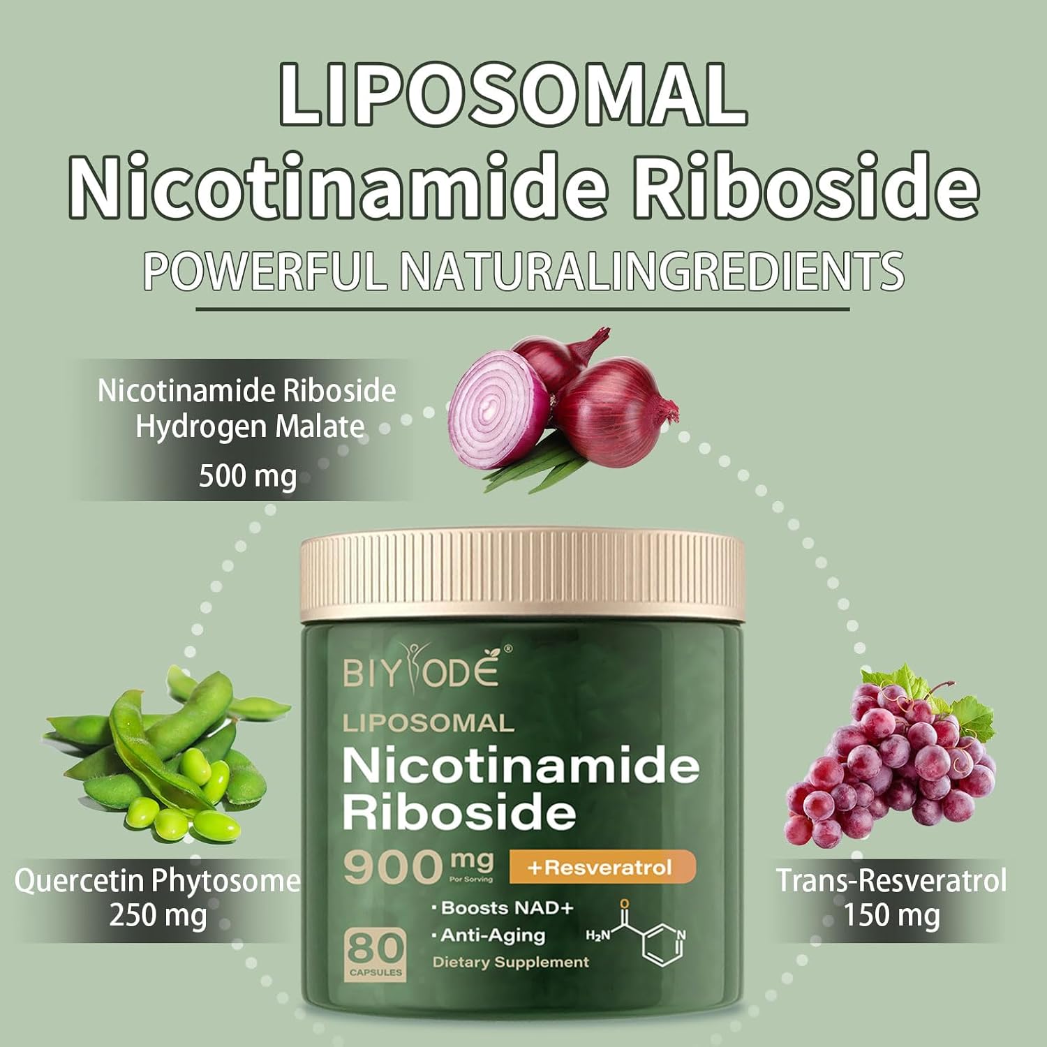 Organic NAD+ Nicotinamide Liposomal Supplement with Riboside, Resveratrol, Quercetin - 900MG Energy Boost (80 Capsules)