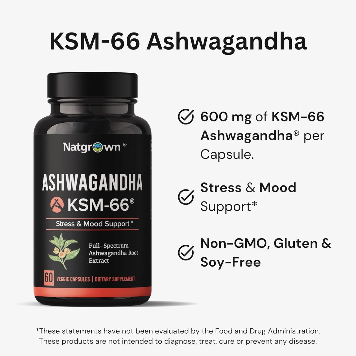 Organic Natgrown Ashwagandha KSM-66 Root Powder Extract Capsules - 600mg with Black Pepper - Vegan - 60 Count